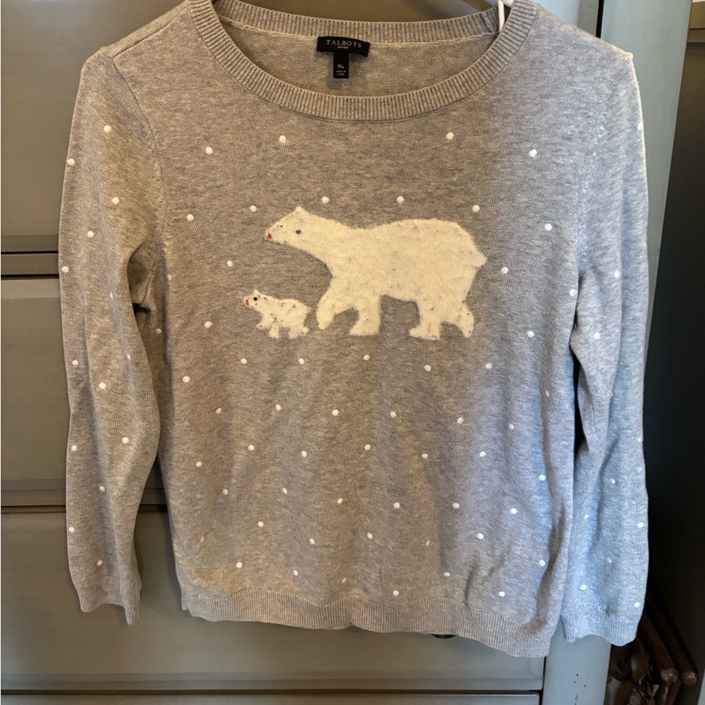 Talbots Grey and White Polar Bear Sweater with Polka Dots